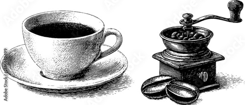 Vintage coffee cup and grinder set engraving design for cafe decor or packaging