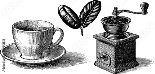 Vintage coffee cup and grinder engraving for cafe decor and design