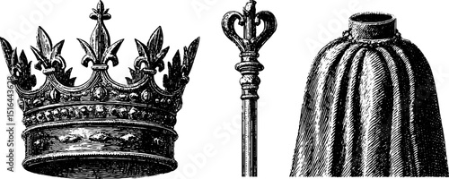 Royalty symbols engraved set featuring crown and scepter for classic design