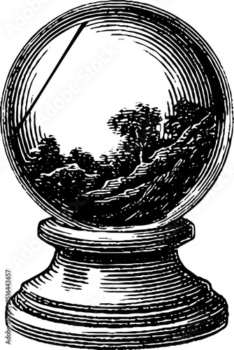 Mystical crystal ball and tarot engraving for fortune telling and spiritual art