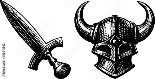 Vintage engraved set of dagger and viking helmet for historical and fantasy design