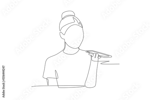 Woman uses software to help disabled person speak. Assistive technology concept one-line drawing