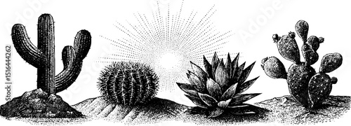 Engraved illustration of desert cactus collection with sunburst design for nature art