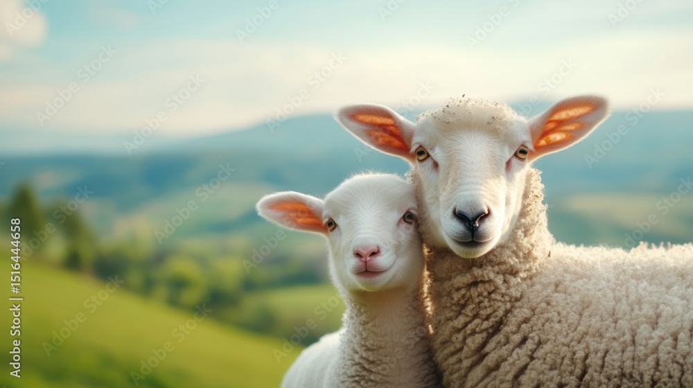Obraz premium Adorable Young Lamb and Adult Sheep Standing Together in a Green Pasture Landscape