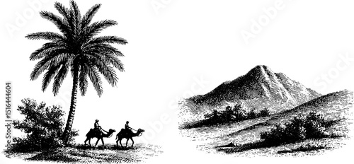 Engraved desert caravan with camels and palm trees for historical illustration prints