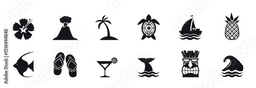 Tropical island vacation black and white icon set, Hawai Vector, Vector Illustration