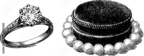 Vintage style diamond ring and velvet jewelry box engraving for wedding design