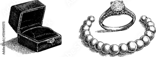 Elegant jewelry set with diamond ring, velvet case, and pearl bracelet engraving for design use