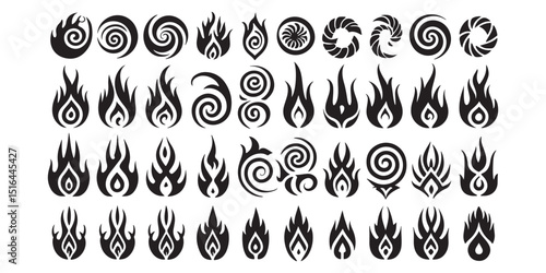 Tribal Flame and Fire Symbol Set  Abstract Swirl and Traditional Fire Designs