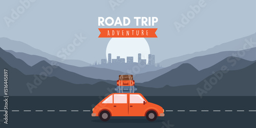 road trip adventure in the wilderness car on mountain landscape vector illustration