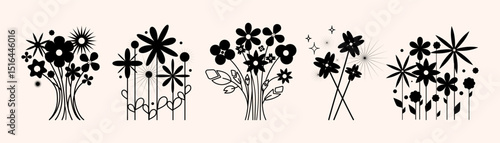 Collection of black floral silhouettes in vintage retro style featuring decorative bouquet arrangements, ideal for greeting cards, logo, fabric design, wall decor, packaging.Vector illustration