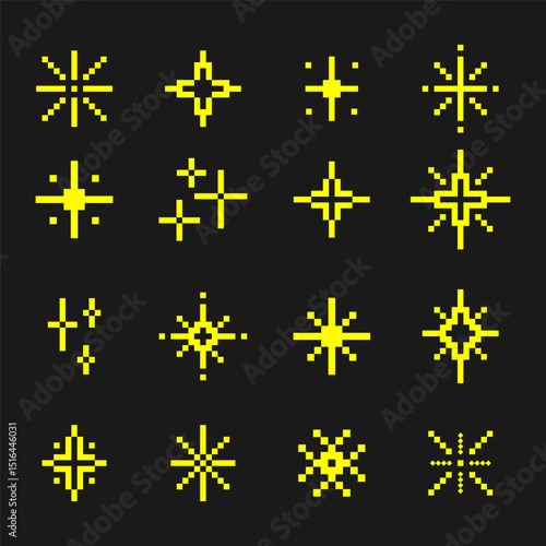 Pixel art sparkles and light burst icons set on dark background, perfect for retro video games, UI design, mobile apps, and digital effects projects.Retro 8-Bit Style Glowing Pixel Symbols Vector