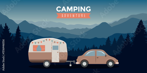 camping adventure car with caravan in nature landscape vector illustration
