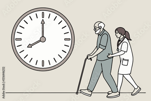 Elderly man walking with nurse support beside clock in health care setting