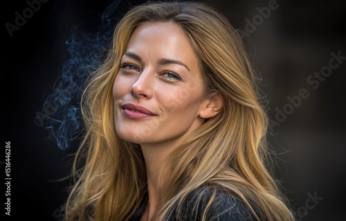 Blond woman exhales cigarette smoke with tranquil confidence in soft focus background portrait