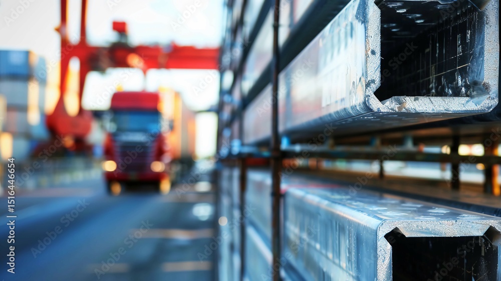 Obraz premium Stacked steel beams in close-up view representing trade barriers and economic protectionism, industrial strength and construction material concepts.