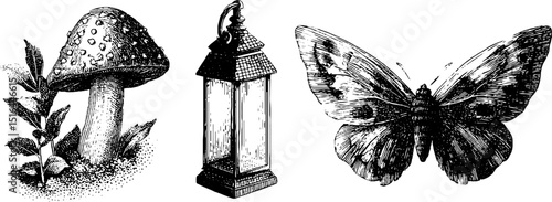 Enchanted forest imagery: fairy wings, mushroom, and lantern engraving design