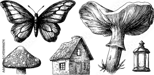 Enchanted forest elements featuring fairy wings, mushrooms, and cottage illustrations