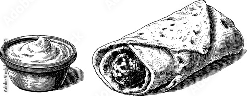 Engraved food art featuring falafel wrap and tzatziki sauce for culinary design