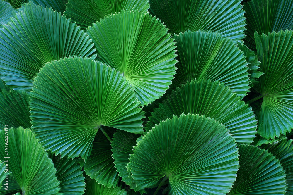 Fototapeta premium A close up of a bunch of green leaves with intricate details. The leaves are large and have a glossy, almost shiny appearance. They are arranged in a circular pattern, with some overlapping