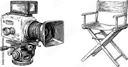 Engraved vintage film camera and director chair illustration for cinematic design projects