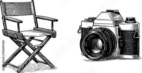 Vintage film camera and director chair engraving for cinematic art and design projects