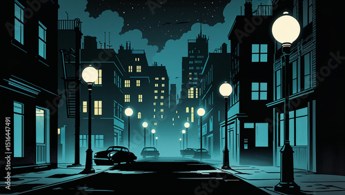 Comic book city background at night, foggy dark alley with street lamps, silhouette buildings, long shadows, detective noir atmosphere, retro halftone style, cartoon pop-art mood.