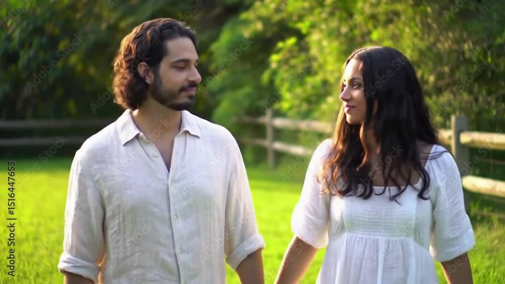 Romantic couple holding hands in grassy field at sunset. Candid outdoor photo of walking pair with lush foliage. Warm evening glow on loving couple. Romantic couple holding hands in grassy field at sunset. Candid outdoor photo of walking pair with lush foliage. Warm evening glow on loving couple.