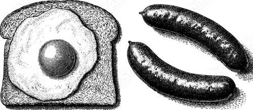 Engraved culinary illustration featuring fried egg, toast, and sausages for kitchen art