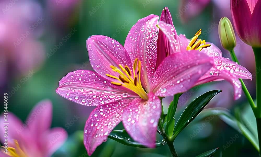 Dew Kissed Pink Lily Flower with Yellow Stamens and Detailed Petals in Soft Focus Garden Setting Dew Kissed Pink Lily Flower with Yellow Stamens and Detailed Petals in Soft Focus Garden Setting
