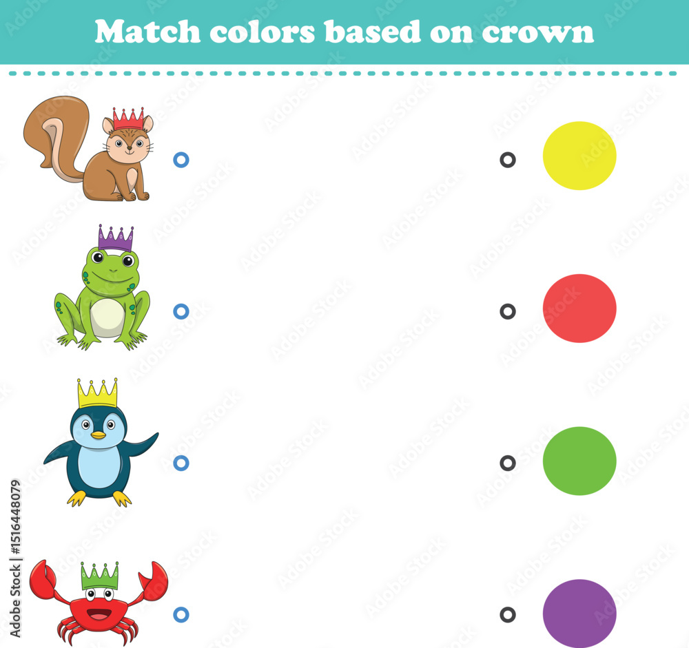 Fototapeta premium Match the color of the animal's crown. Educational game for color recognition