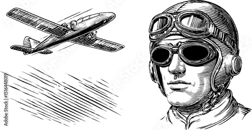 Vintage aviation art with glider plane and aviator in classic engraved style