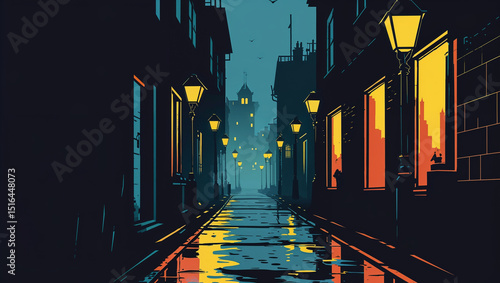 Comic book city background at night, foggy dark alley with street lamps, silhouette buildings, long shadows, detective noir atmosphere, retro halftone style, cartoon pop-art mood.