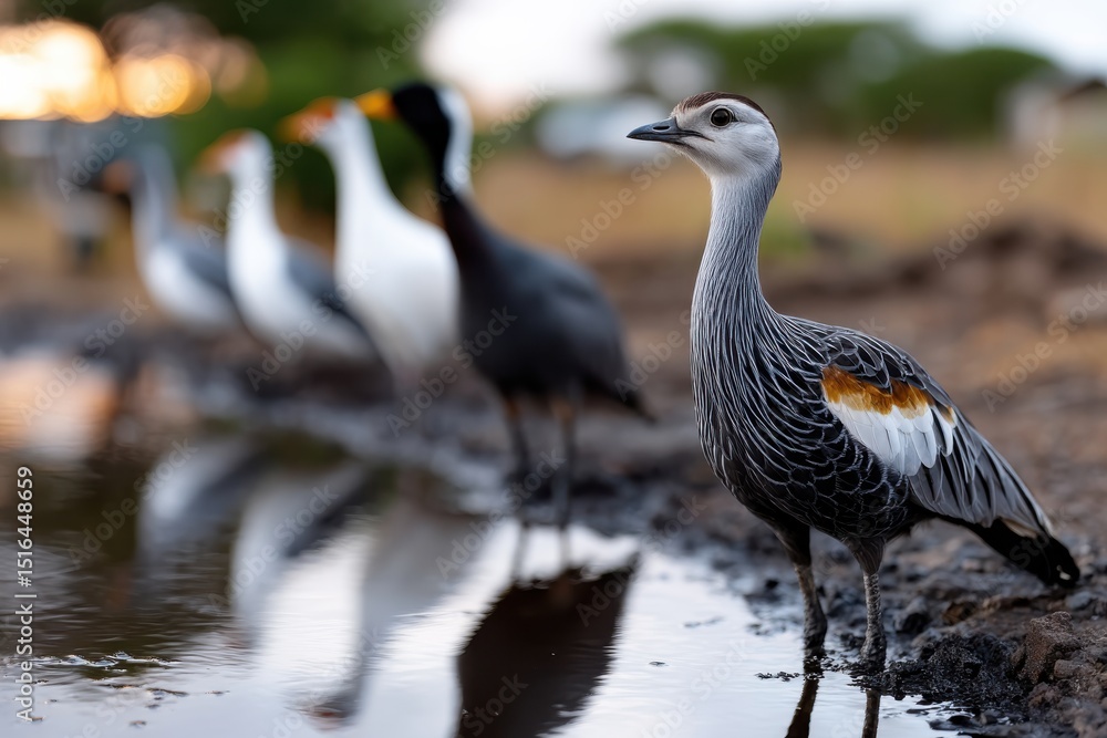 Obraz premium A close-up profile of a graceful bird standing by the water's edge, showcasing its striking plumage against a backdrop of light reflecting off the surface.