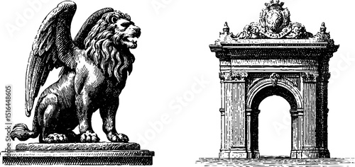 Engraved illustration of griffin statue and architectural arch