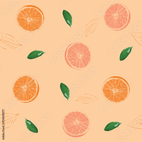 Tropical fruits, oranges and leaves pattern