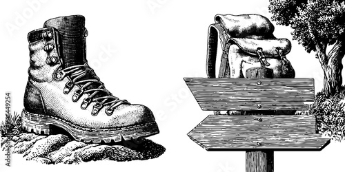 Illustration of hiking boot and backpack adventure. Engraving outdoor nature trekking signpost trail woodcut vintage detailed footwear camping journey.