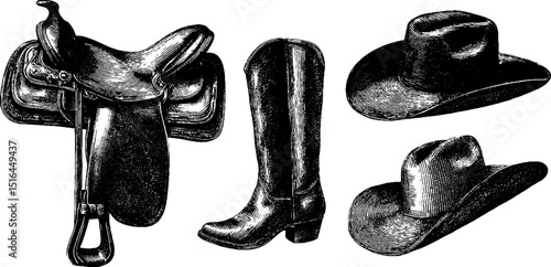 Vintage equestrian gear set: horse saddle, riding boots, and cowboy hats for design and decor