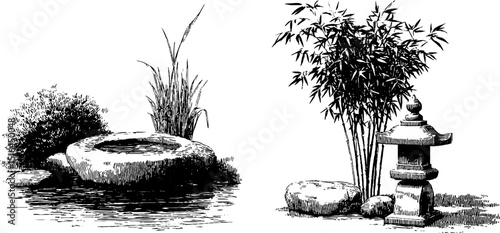 Engraved illustration set of hot spring pool and tranquil garden scene