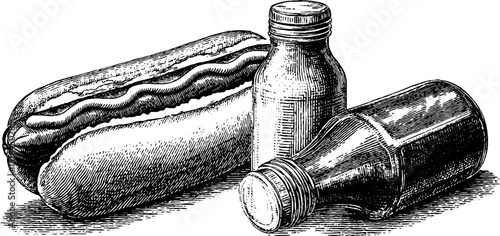 Engraved vintage hotdog and mustard bottle set for culinary art and design