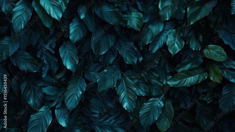 Fototapeta premium Dense cluster of emerald-toned leaves, illuminated by a soft, natural light