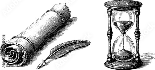 Vintage engraved illustration of hourglass scroll and quill for historical design
