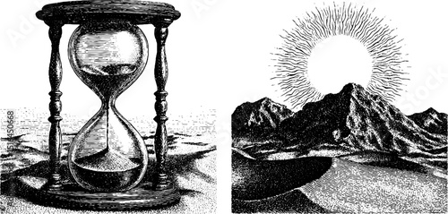 Engraved vintage illustration of hourglass with desert landscape for timeless conceptual art