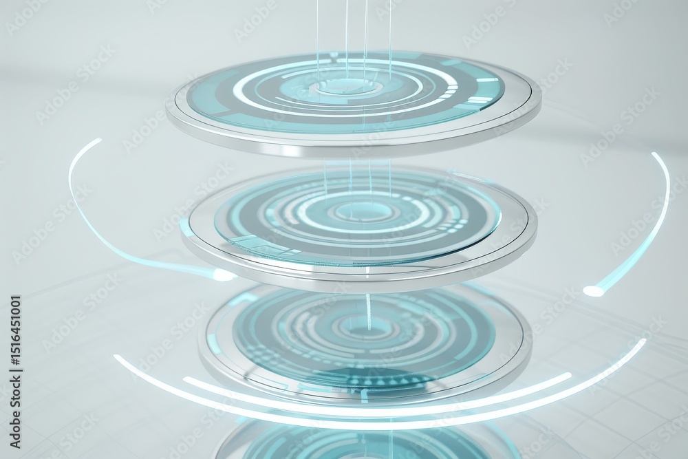 Fototapeta premium Spiral holographic archive tower with levitating data tablets, scanning beams, and rotating encryption rings in futuristic digital space