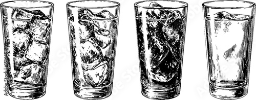 Engraved illustration of iced tea glasses set for refreshment and beverage design