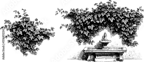 Vintage ivy covered wall illustration with decorative fountain design for decor and print