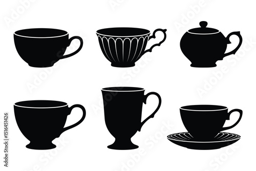 Elegant Tea Cup & Teapot Silhouettes - Drinkware Icon Set
