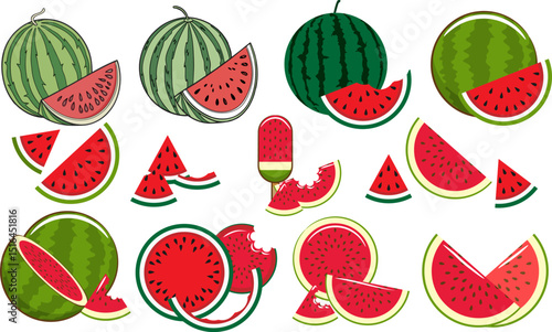 Watermelon Cartoon Icon Set Vector Design. Watermelon summer fruit clipart set. Tropical fruit watermelon drawing in whole, slice and cut elements clip art collection. 