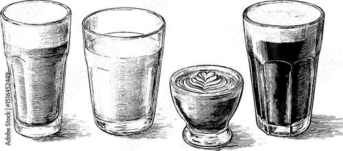 Illustration engraved set of latte glass. Vintage beverage ware design art project in black white.