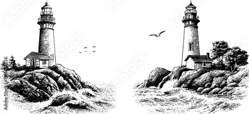 Nautical engraving set of lighthouses on rocky shores with waves and birds
